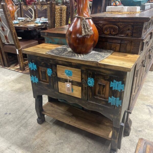36" Black/Brown distresses accent table with Turquoise metal accents