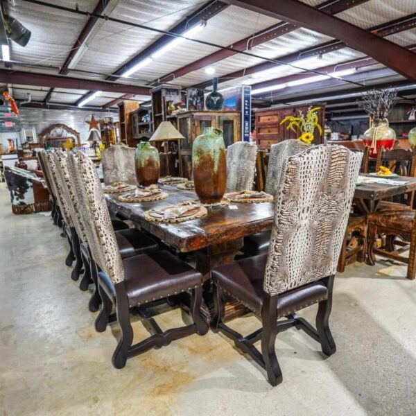 8' Turquoise stone inlay table with live edge and custom croc leather dining chairs